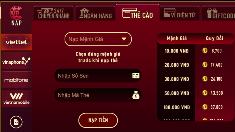 Nạp tiền Manclub qua thẻ cào cực kỳ nhanh gọn